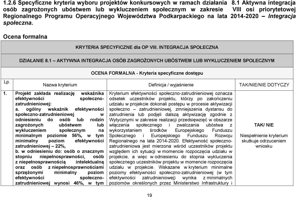 społeczna. Ocena formalna KRYTERIA SPECYFICZNE dla OP VIII. INTEGRACJA SPOŁECZNA Lp. DZIAŁANIE 8.