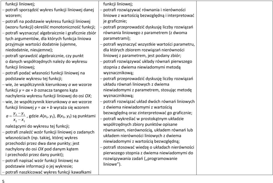 współrzędnych należy do wykresu funkcji liniowej; potrafi podać własności funkcji liniowej na podstawie wykresu tej funkcji; wie, że współczynnik kierunkowy a we wzorze funkcji y = ax + b oznacza