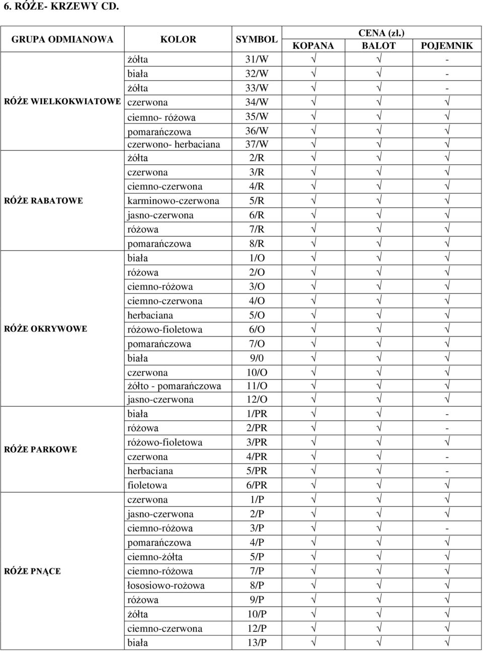 RABATOWE karminowo-czerwona 5/R jasno-czerwona 6/R różowa 7/R pomarańczowa 8/R biała 1/O różowa 2/O ciemno-różowa 3/O ciemno-czerwona 4/O herbaciana 5/O RÓŻE OKRYWOWE różowo-fioletowa 6/O