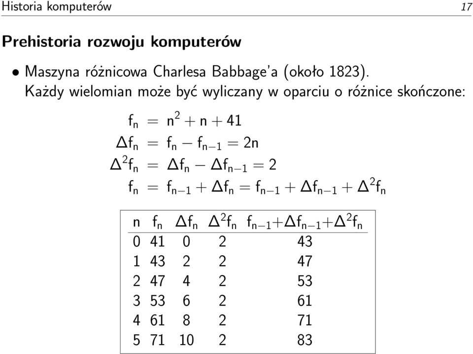 Każdy wielomian może być wyliczany w oparciu o różnice skończone: f n = n 2 + n + 41 f n = f n f