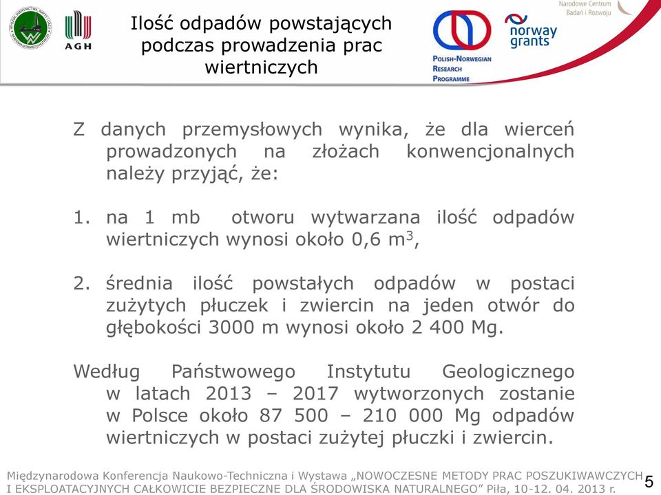 średnia ilość powstałych odpadów w postaci zużytych płuczek i zwiercin na jeden otwór do głębokości 3000 m wynosi około 2 400 Mg.