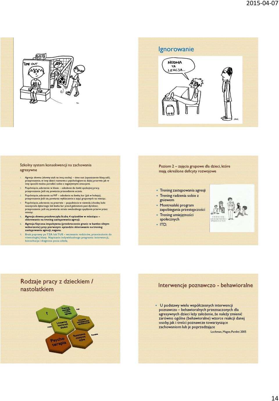 negatywnymi emocjami. 2. Popchnięcie, uderzenie w klasie odesłanie do ławki spokojnej pracy, przeproszenie. Jeśli się powtarza przesadzenie ucznia. 3.