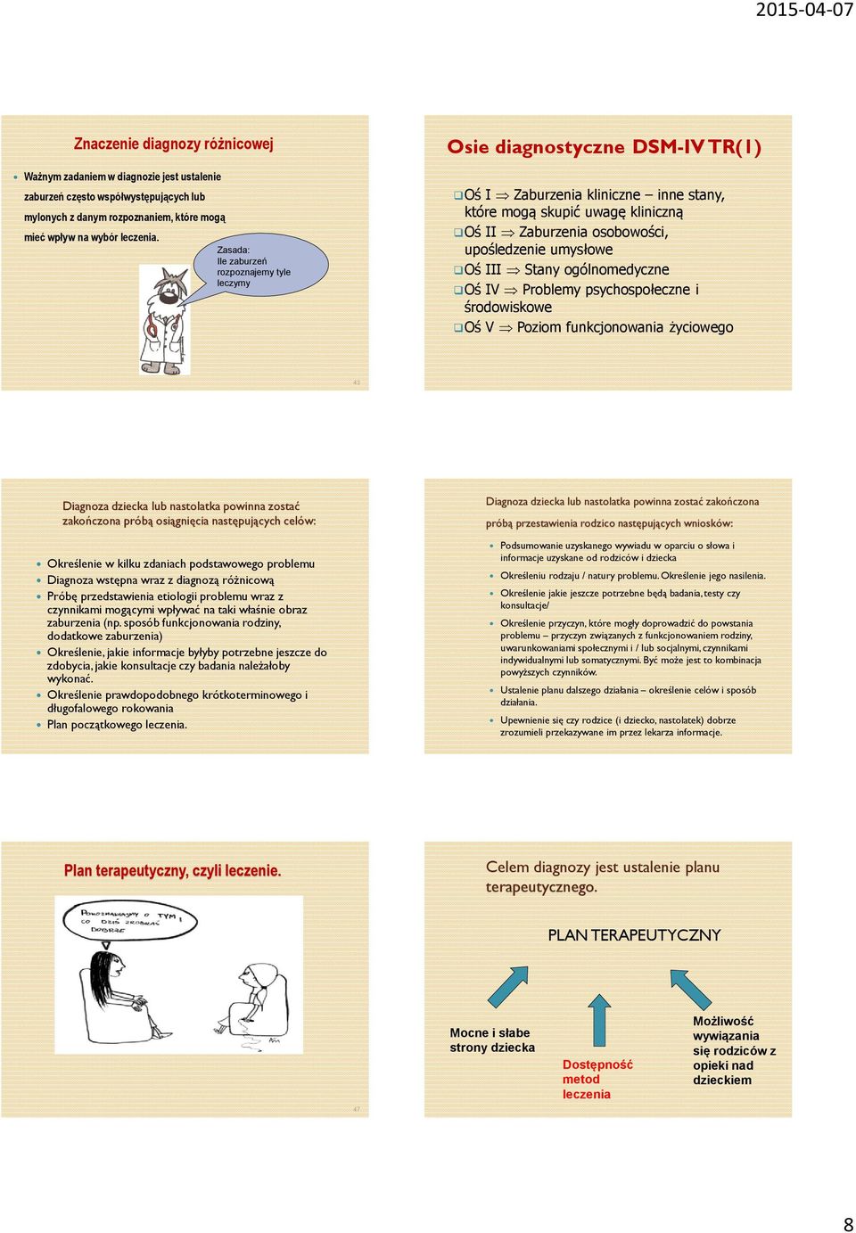 umysłowe Oś III Stany ogólnomedyczne Oś IV Problemy psychospołeczne i środowiskowe Oś V Poziom funkcjonowania życiowego 43 Diagnoza dziecka lub nastolatka powinna zostać zakończona próbą osiągnięcia