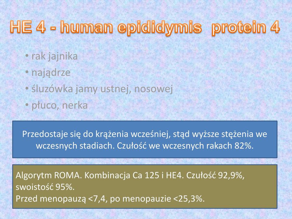 stadiach. Czułość we wczesnych rakach 82%. Algorytm ROMA.