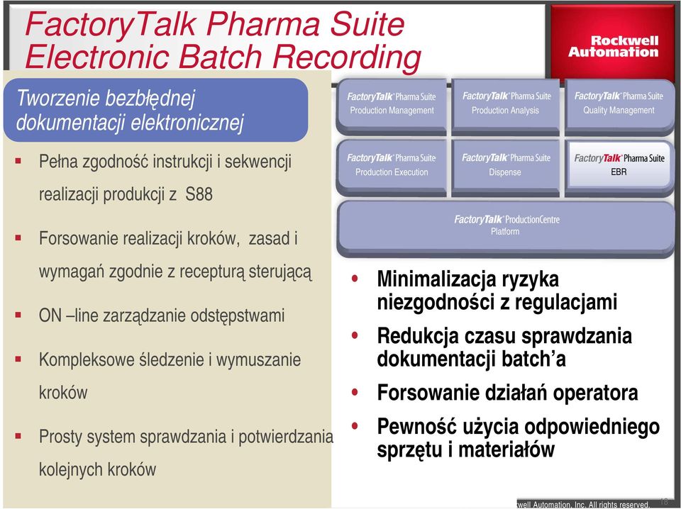 śledzenie i wymuszanie kroków Prosty system sprawdzania i potwierdzania kolejnych kroków Production Execution Dispense EBR Platform Minimalizacja ryzyka niezgodności z regulacjami