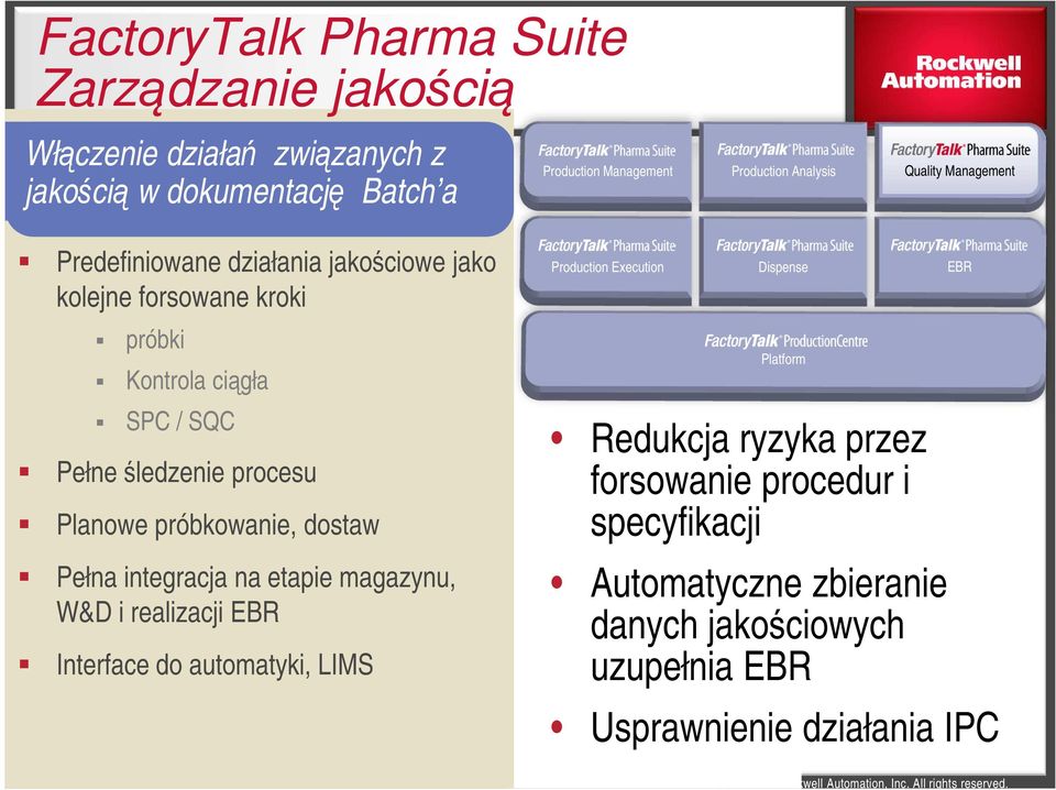 procesu Planowe próbkowanie, dostaw Pełna integracja na etapie magazynu, W&D i realizacji EBR Interface do automatyki, LIMS Production Execution