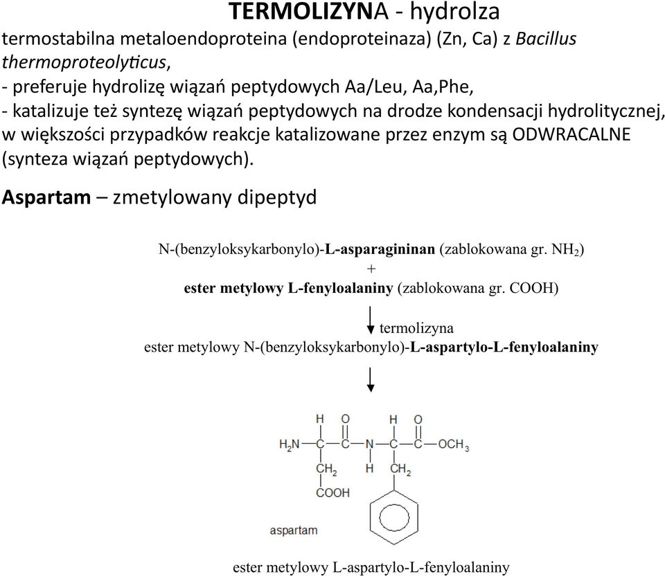 syntezę wiązań peptydowych na drodze kondensacji hydrolitycznej, w większości przypadków