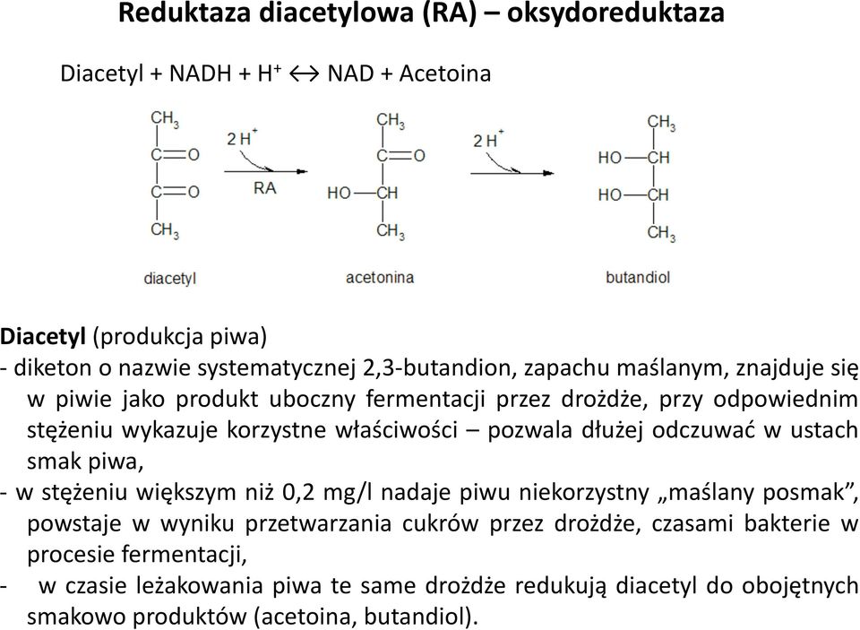 dłużej odczuwać w ustach smak piwa, - w stężeniu większym niż 0,2 mg/l nadaje piwu niekorzystny maślany posmak, powstaje w wyniku przetwarzania cukrów przez