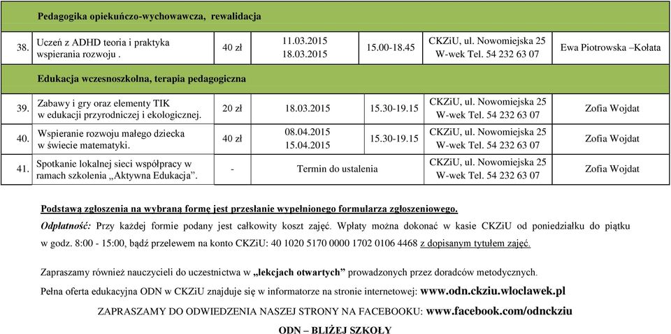 Wspieranie rozwoju małego dziecka w świecie matematyki. 40 zł 08.04.2015 15.04.2015 15.30-19.15 41. Spotkanie lokalnej sieci współpracy w ramach szkolenia Aktywna Edukacja.