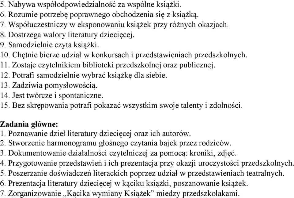 Zostaje czytelnikiem biblioteki przedszkolnej oraz publicznej. 12. Potrafi samodzielnie wybrać książkę dla siebie. 13. Zadziwia pomysłowością. 14. Jest twórcze i spontaniczne. 15.