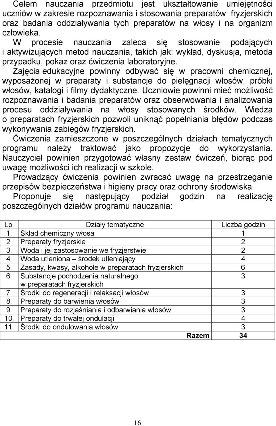 Zajęcia edukacyjne powinny odbywać się w pracowni chemicznej, wyposażonej w preparaty i substancje do pielęgnacji włosów, próbki włosów, katalogi i filmy dydaktyczne.