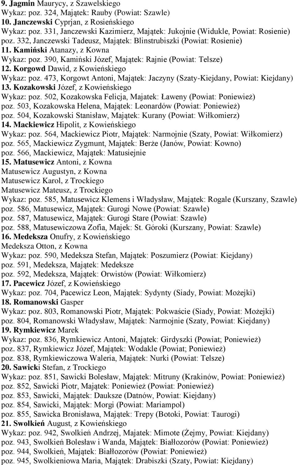 390, Kamiński Józef, Majątek: Rajnie (Powiat: Telsze) 12. Korgowd Dawid, z Kowieńskiego Wykaz: poz. 473, Korgowt Antoni, Majątek: Jaczyny (Szaty-Kiejdany, Powiat: Kiejdany) 13.