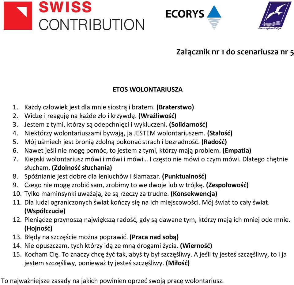 (Radość) 6. Nawet jeśli nie mogę pomóc, to jestem z tymi, którzy mają problem. (Empatia) 7. Kiepski wolontariusz mówi i mówi i mówi I często nie mówi o czym mówi. Dlatego chętnie słucham.