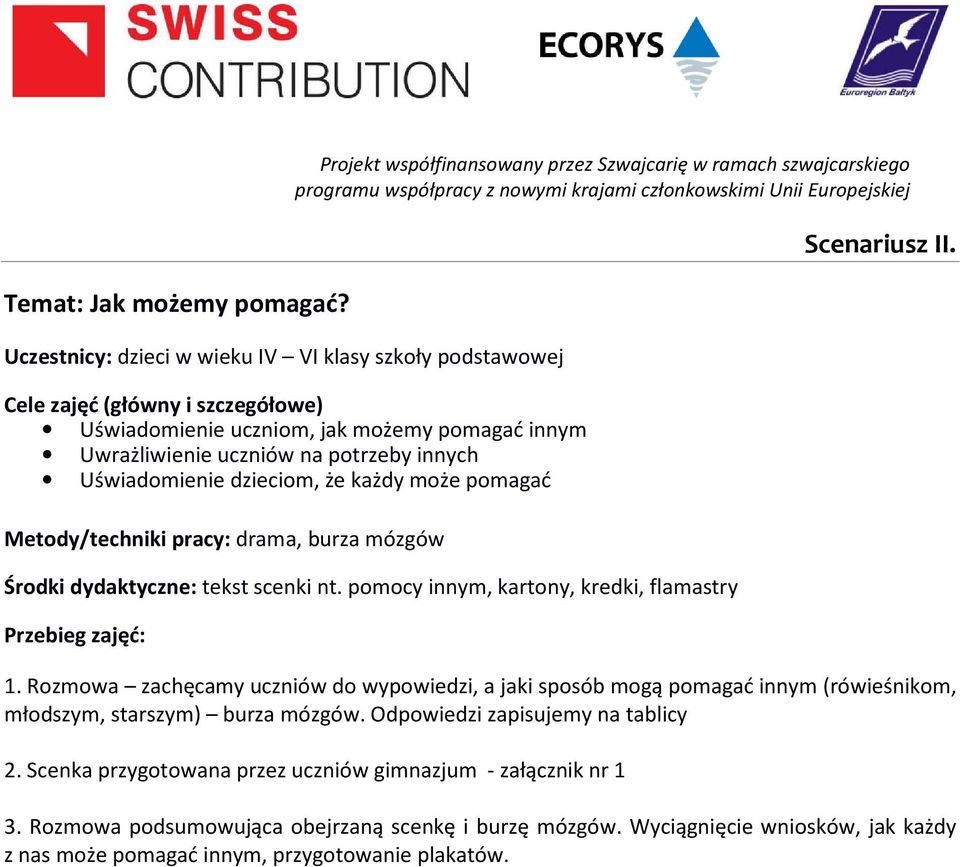 zajęć (główny i szczegółowe) Uświadomienie uczniom, jak możemy pomagać innym Uwrażliwienie uczniów na potrzeby innych Uświadomienie dzieciom, że każdy może pomagać Metody/techniki pracy: drama, burza