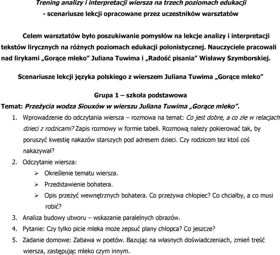 Scenariusze lekcji języka polskiego z wierszem Juliana Tuwima Gorące mleko Grupa 1 szkoła podstawowa Temat: Przeżycia wodza Siouxów w wierszu Juliana Tuwima Gorące mleko. 1. Wprowadzenie do odczytania wiersza rozmowa na temat: Co jest dobre, a co złe w relacjach dzieci z rodzicami?