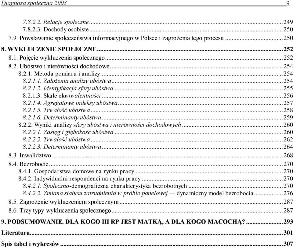 .. 255 8.2.1.3. Skale ekwiwalentności... 256 8.2.1.4. Agregatowe indeksy ubóstwa... 257 8.2.1.5. Trwałość ubóstwa... 258 8.2.1.6. Determinanty ubóstwa... 259 8.2.2. Wyniki analizy sfery ubóstwa i nierówności dochodowych.