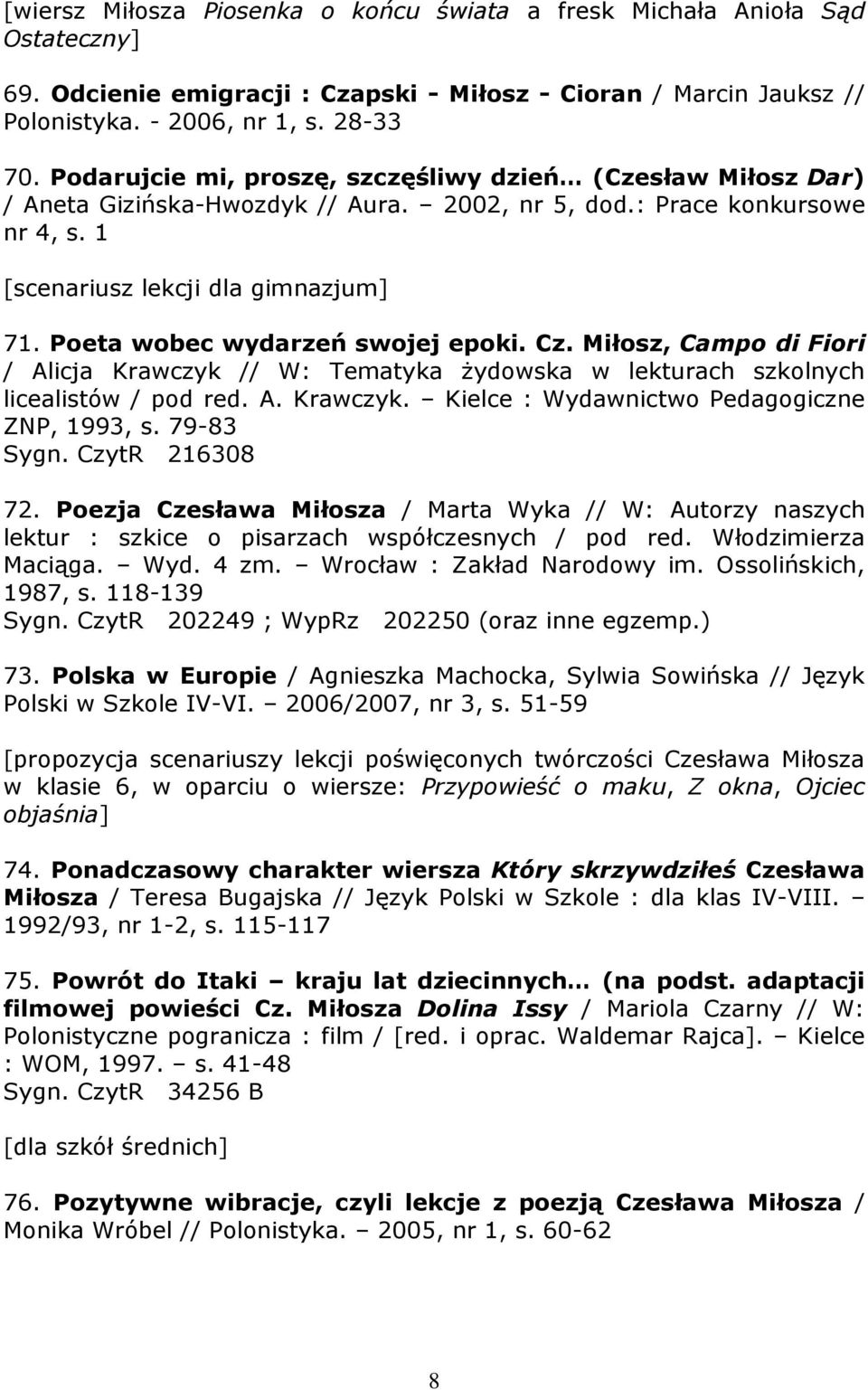 Poeta wobec wydarzeń swojej epoki. Cz. Miłosz, Campo di Fiori / Alicja Krawczyk // W: Tematyka żydowska w lekturach szkolnych licealistów / pod red. A. Krawczyk. Kielce : Wydawnictwo Pedagogiczne ZNP, 1993, s.