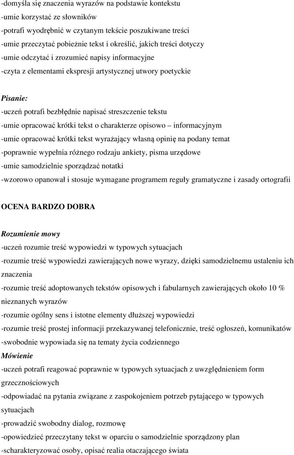 o charakterze opisowo informacyjnym -umie opracować krótki tekst wyrażający własną opinię na podany temat -poprawnie wypełnia różnego rodzaju ankiety, pisma urzędowe -umie samodzielnie sporządzać