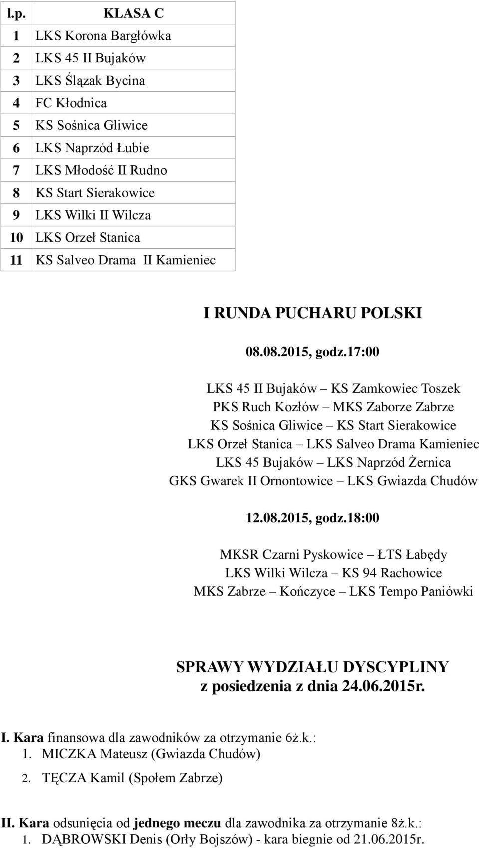 17:00 LKS 45 II Bujaków KS Zamkowiec Toszek PKS Ruch Kozłów MKS Zaborze Zabrze KS Sośnica Gliwice KS Start Sierakowice LKS Orzeł Stanica LKS Salveo Drama Kamieniec LKS 45 Bujaków LKS Naprzód Żernica