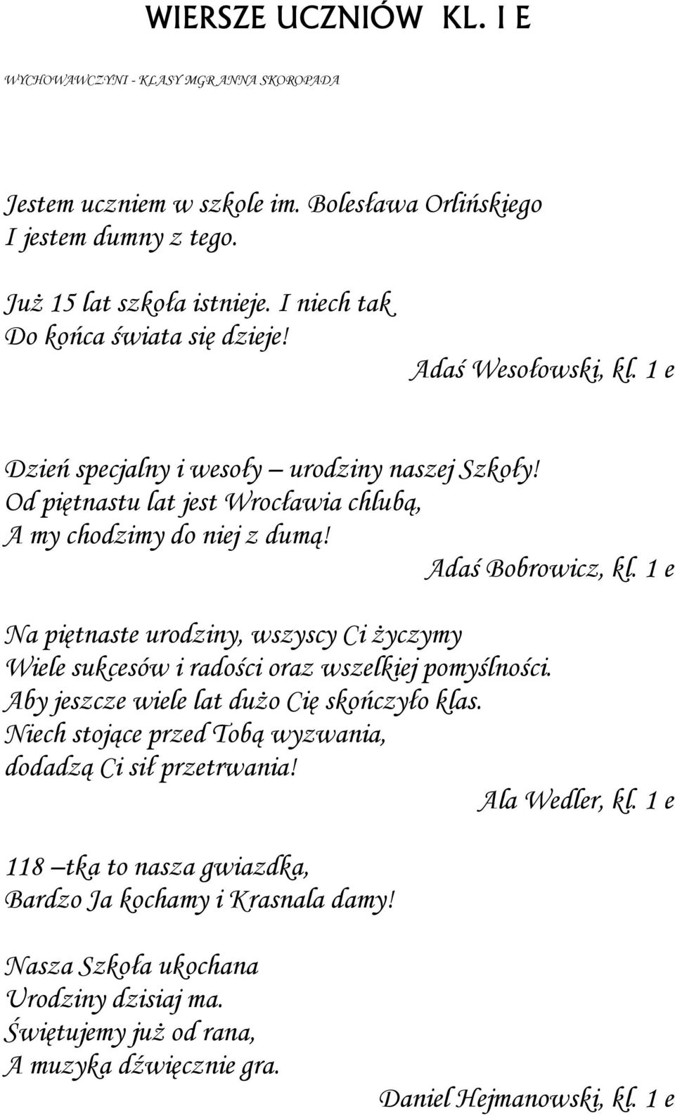 Adaś Bobrowicz, kl. 1 e Na piętnaste urodziny, wszyscy Ci życzymy Wiele sukcesów i radości oraz wszelkiej pomyślności. Aby jeszcze wiele lat dużo Cię skończyło klas.