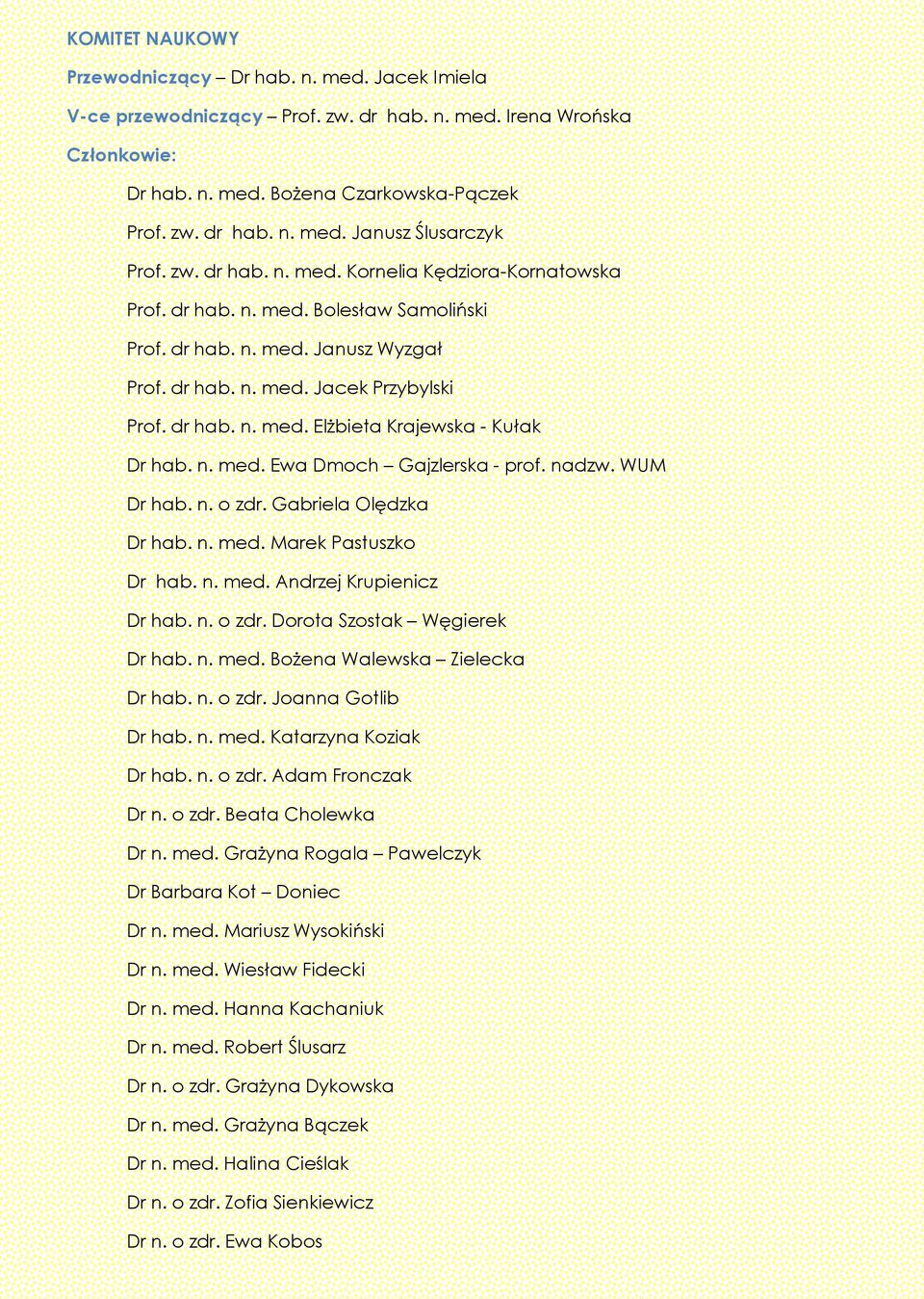 n. med. Ewa Dmoch Gajzlerska - prof. nadzw. WUM Dr hab. n. o zdr. Gabriela Olędzka Dr hab. n. med. Marek Pastuszko Dr hab. n. med. Andrzej Krupienicz Dr hab. n. o zdr. Dorota Szostak Węgierek Dr hab.