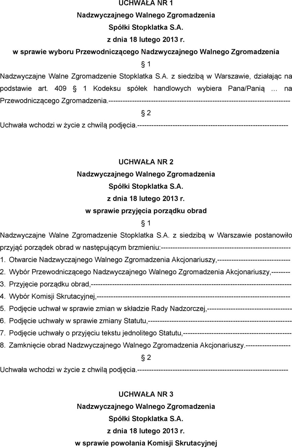 409 1 Kodeksu spółek handlowych wybiera Pana/Panią na Przewodniczącego Zgromadzenia.