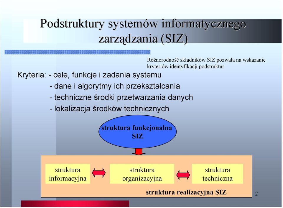 lokalizacja środków technicznych funkcjonalna SIZ Różnorodność składników SIZ pozwala na