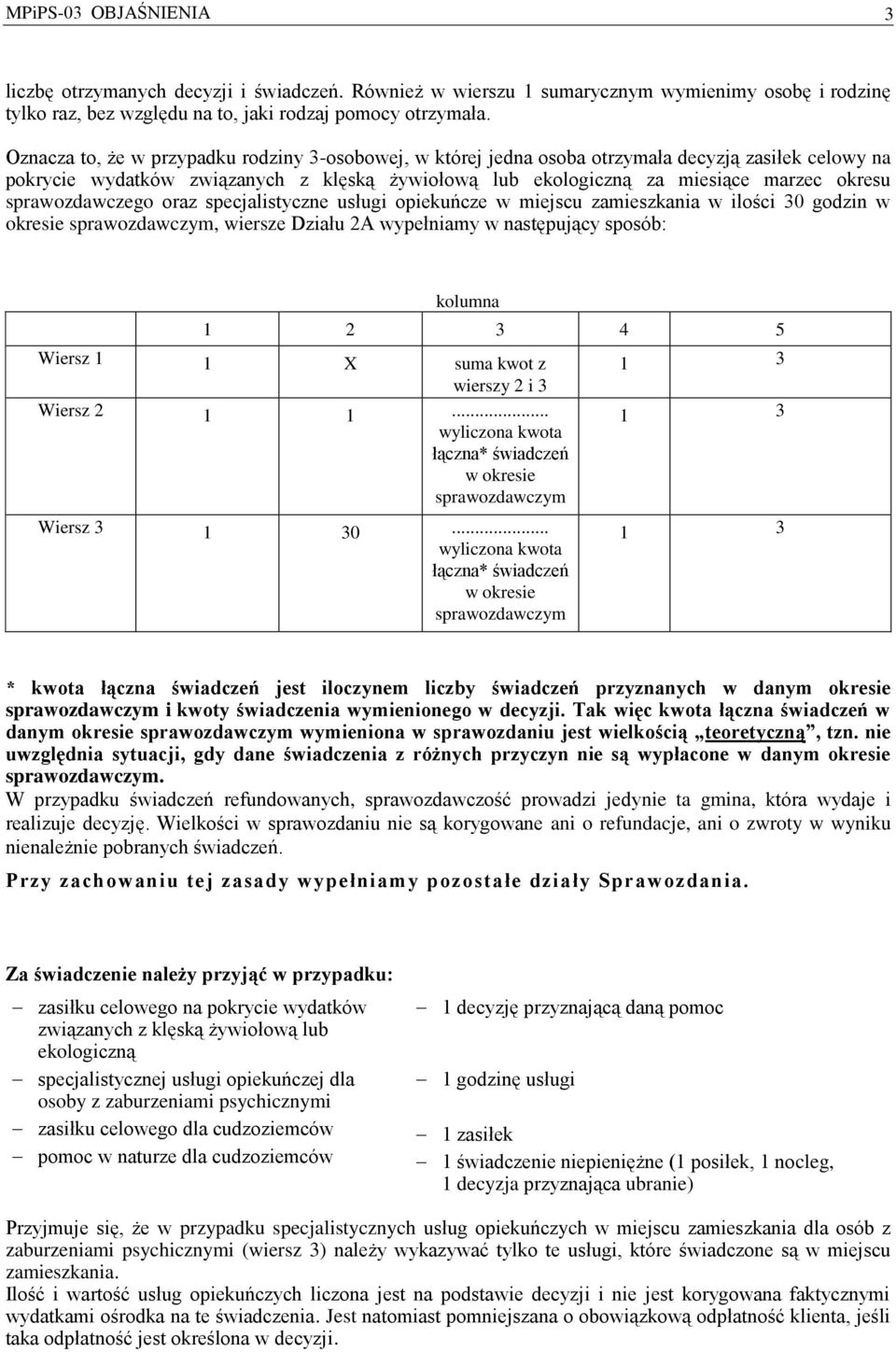 sprawozdawczego oraz specjalistyczne usługi opiekuńcze w miejscu zamieszkania w ilości 30 godzin w okresie sprawozdawczym, wiersze Działu 2A wypełniamy w następujący sposób: kolumna 1 2 3 4 5 Wiersz