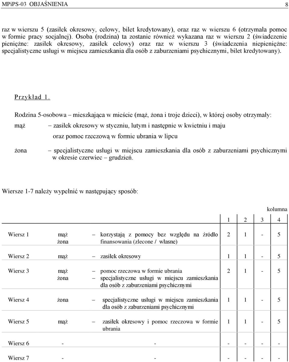 zamieszkania dla osób z zaburzeniami psychicznymi, bilet kredytowany). Przykład 1.