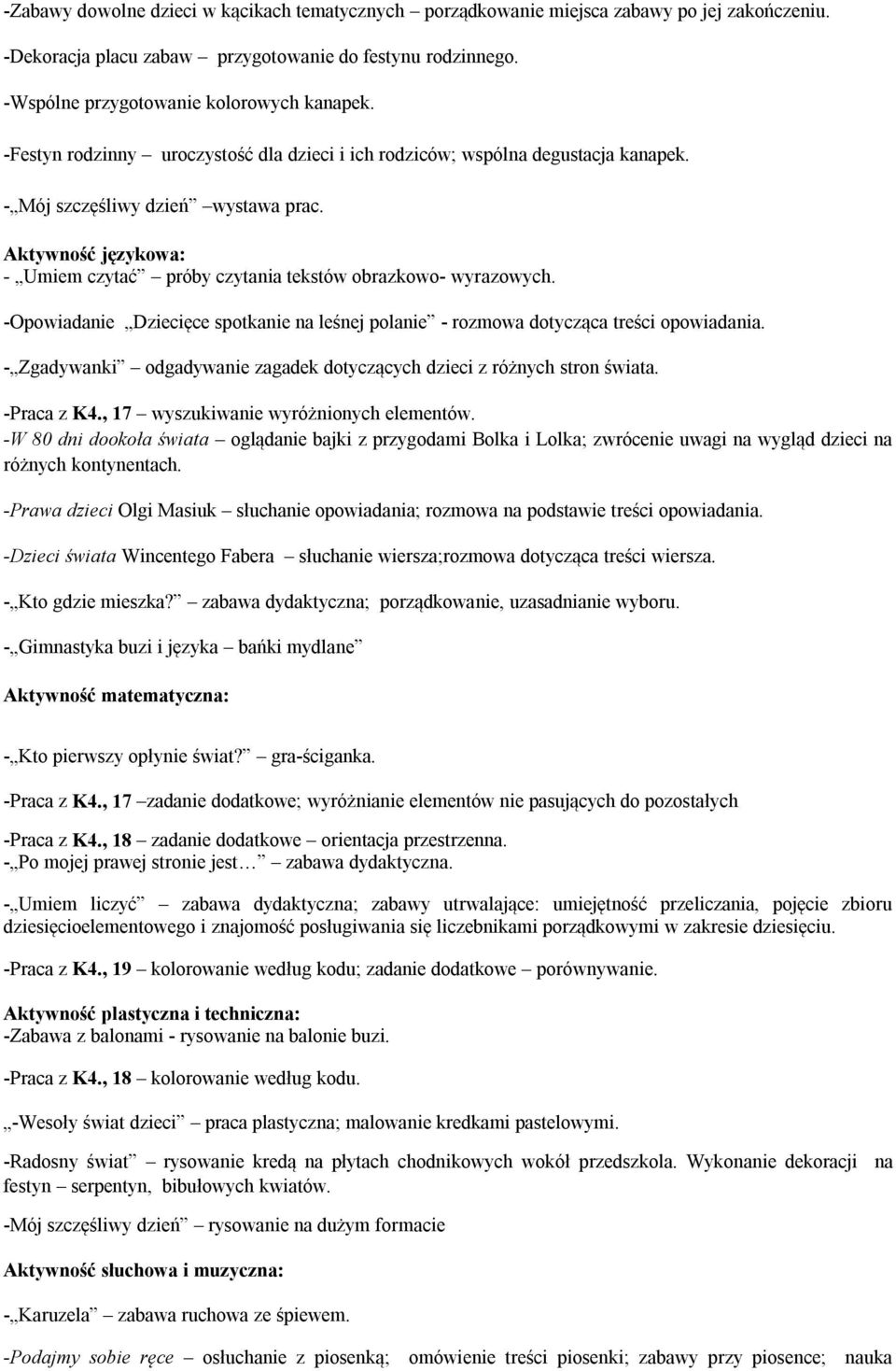 Aktywność językowa: - Umiem czytać próby czytania tekstów obrazkowo- wyrazowych. -Opowiadanie Dziecięce spotkanie na leśnej polanie - rozmowa dotycząca treści opowiadania.