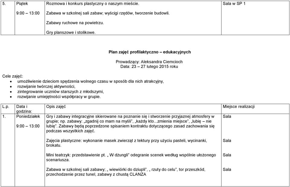 rozwijanie twórczej aktywności, zintegrowanie uczniów starszych z młodszymi, rozwijanie umiejętności współpracy w grupie. L.p. Data i godzina: 1.