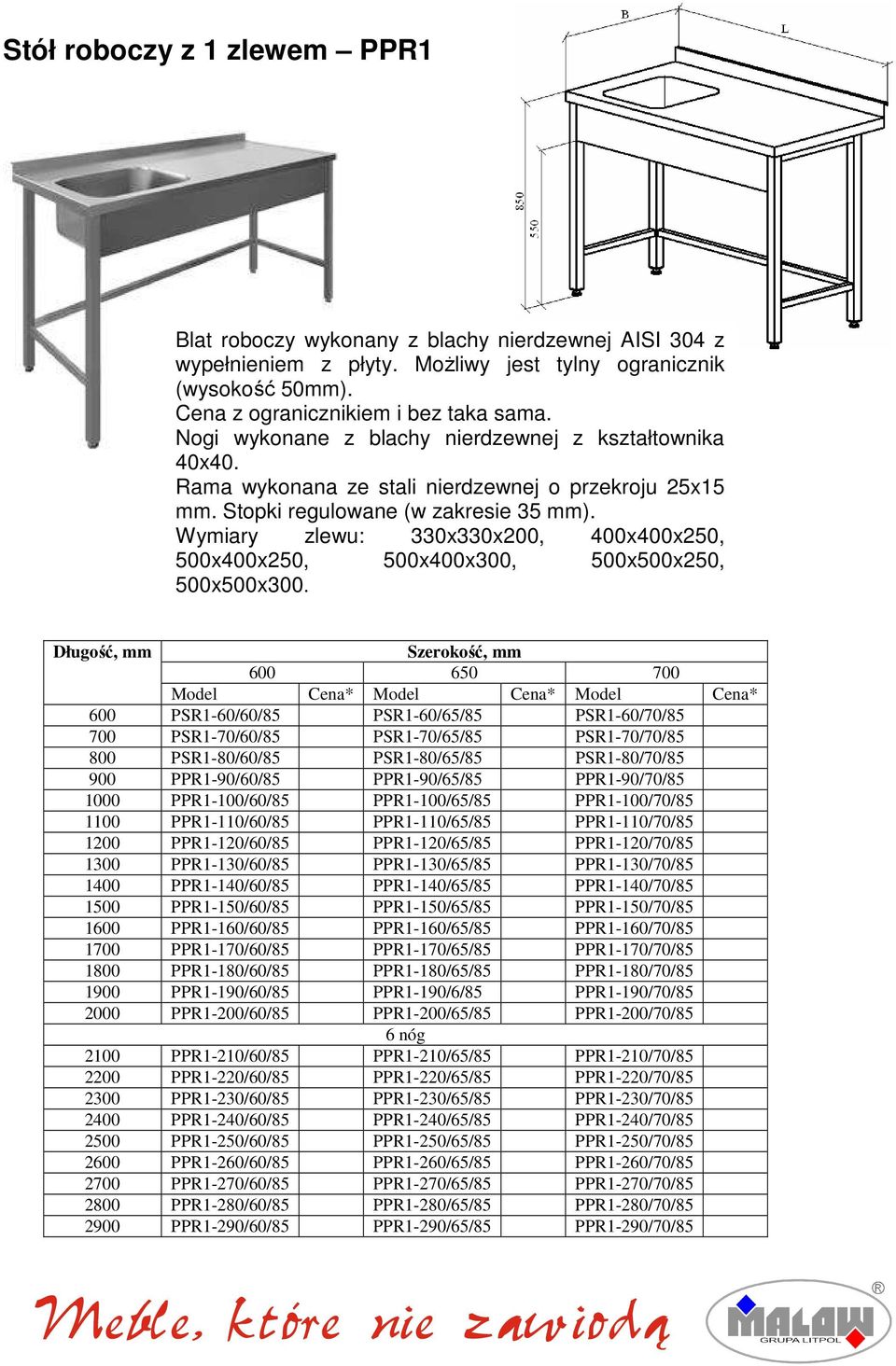 Wymiary zlewu: 330x330x200, 400x400x250, 500x400x250, 500x400x300, 500x500x250, 500x500x300.