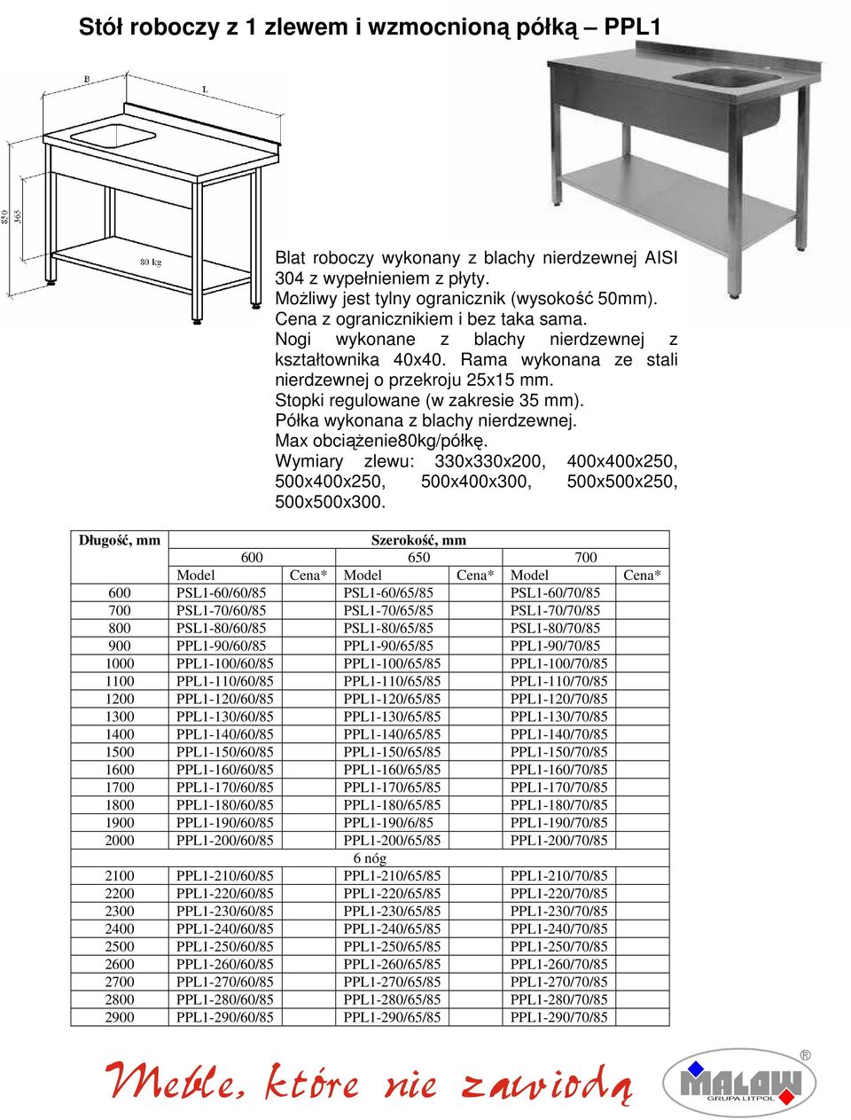 Półka wykonana z blachy nierdzewnej. Max obciążenie80kg/półkę. Wymiary zlewu: 330x330x200, 400x400x250, 500x400x250, 500x400x300, 500x500x250, 500x500x300.