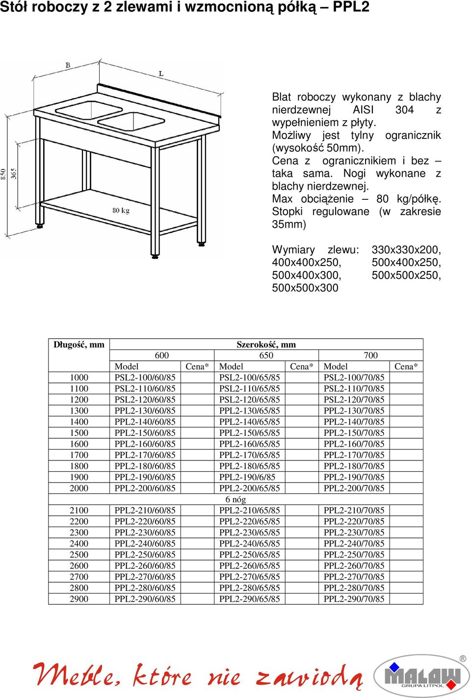 Stopki regulowane (w zakresie 35) Wymiary zlewu: 330x330x200, 400x400x250, 500x400x250, 500x400x300, 500x500x250, 500x500x300 600 650 700 Model Cena* Model Cena* Model Cena* 1000 PSL2-100/60/85