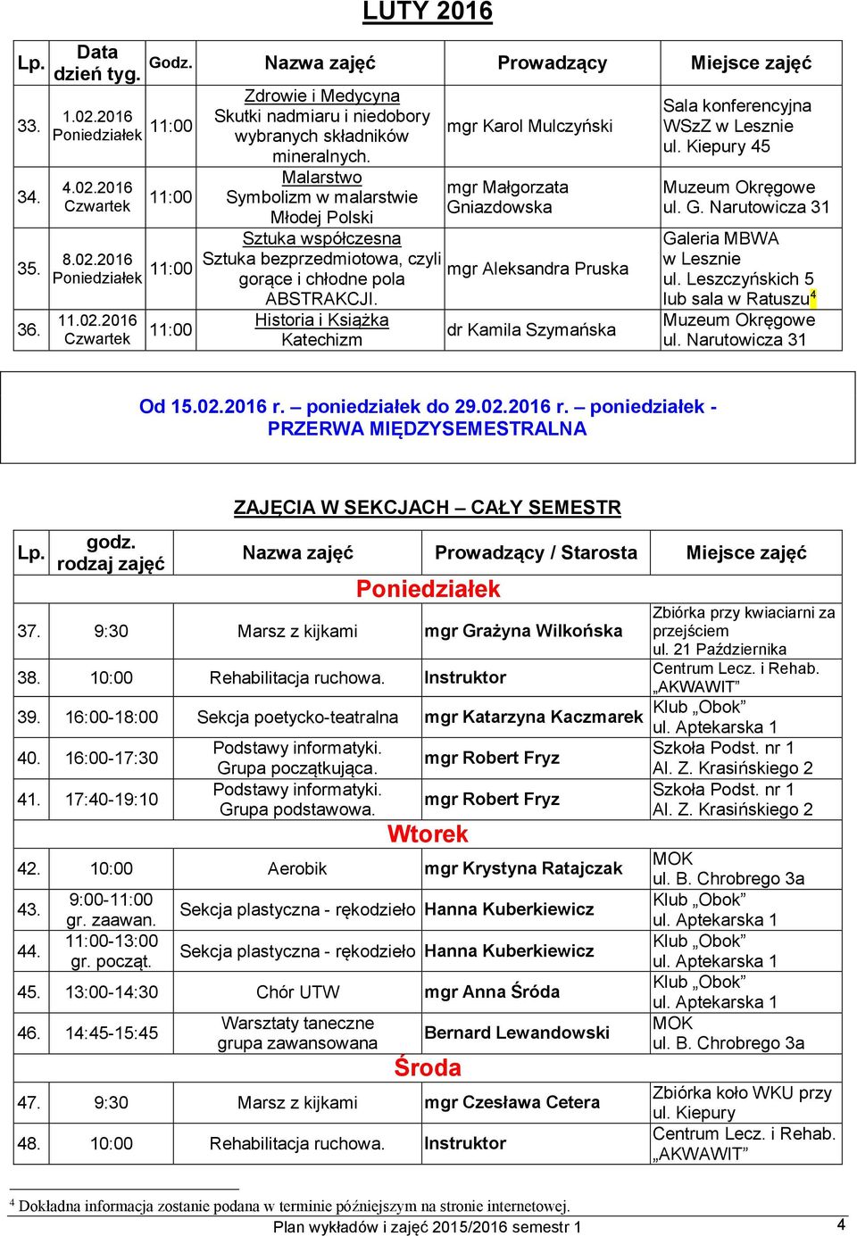 Historia i Książka Katechizm mgr Karol Mulczyński mgr Aleksandra Pruska w Lesznie ul. Leszczyńskich 5 lub sala w Ratuszu 4 ul. Narutowicza 31 Od 15.02.2016 r.