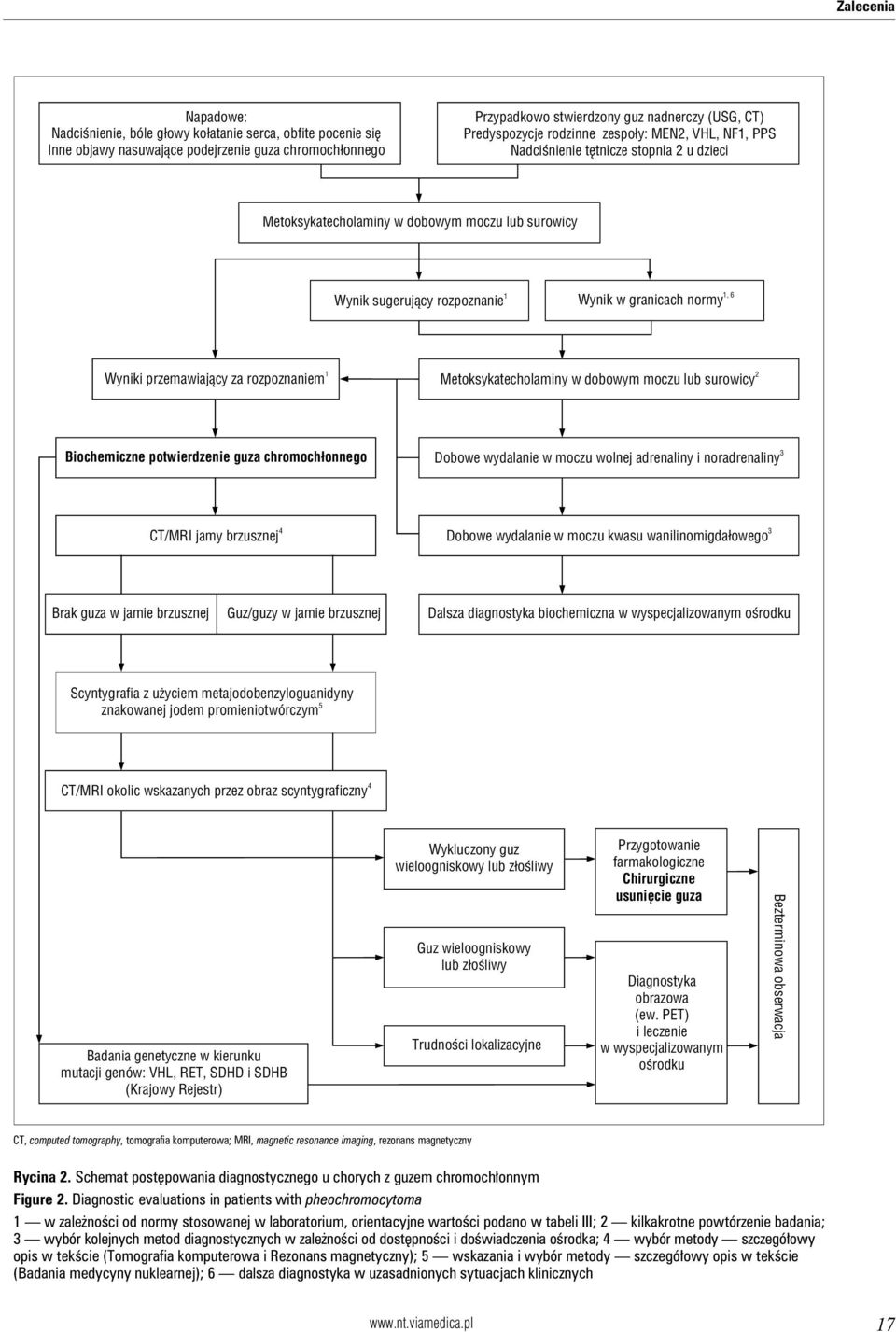 granicach normy 1, 6 Wyniki przemawiający za rozpoznaniem 1 Metoksykatecholaminy w dobowym moczu lub surowicy 2 Biochemiczne potwierdzenie guza chromochłonnego Dobowe wydalanie w moczu wolnej