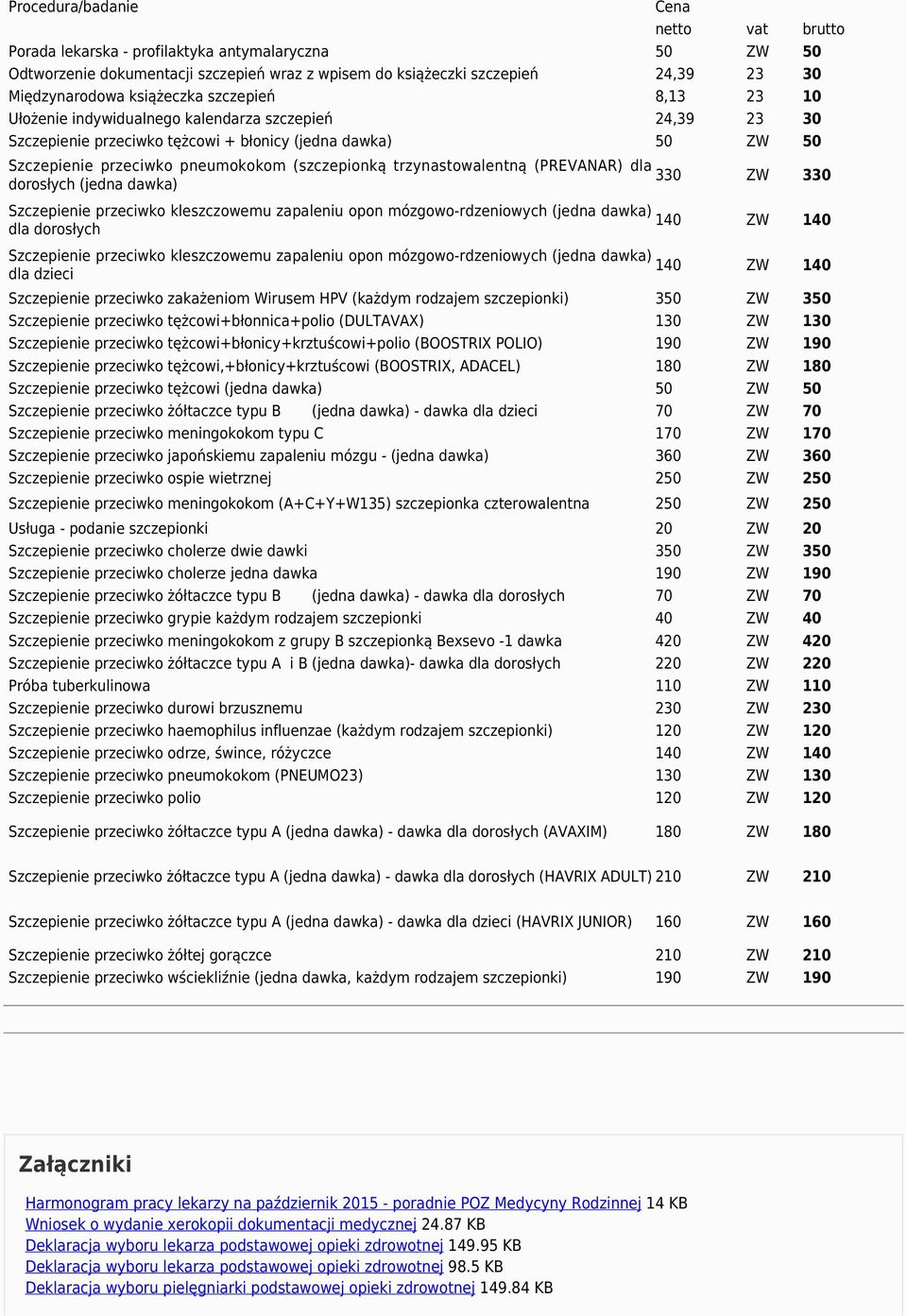 trzynastowalentną (PREVANAR) dla 330 ZW 330 dorosłych (jedna dawka) Szczepienie przeciwko kleszczowemu zapaleniu opon mózgowo-rdzeniowych (jedna dawka) 140 ZW 140 dla dorosłych Szczepienie przeciwko