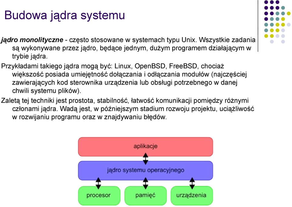 Przykładami takiego jądra mogą być: Linux, OpenBSD, FreeBSD, chociaż większość posiada umiejętność dołączania i odłączania modułów (najczęściej zawierających