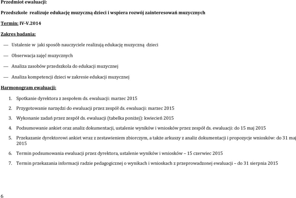 Harmonogram ewaluacji: 1. Spotkanie dyrektora z zespołem ds. ewaluacji: marzec 2015 2. Przygotowanie narzędzi do ewaluacji przez zespół ds. ewaluacji: marzec 2015 3. Wykonanie zadań przez zespół ds.