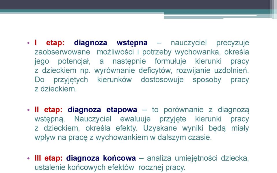 II etap: diagnoza etapowa to porównanie z diagnozą wstępną. Nauczyciel ewaluuje przyjęte kierunki pracy z dzieckiem, określa efekty.