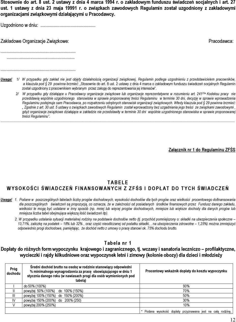 1/ W przypadku gdy zakład nie jest objęty działalnością organizacji związkowej, Regulamin podlega uzgodnieniu z przedstawicielem pracowników, a klauzula pod 29 powinna brzmieć: Stosownie do art.