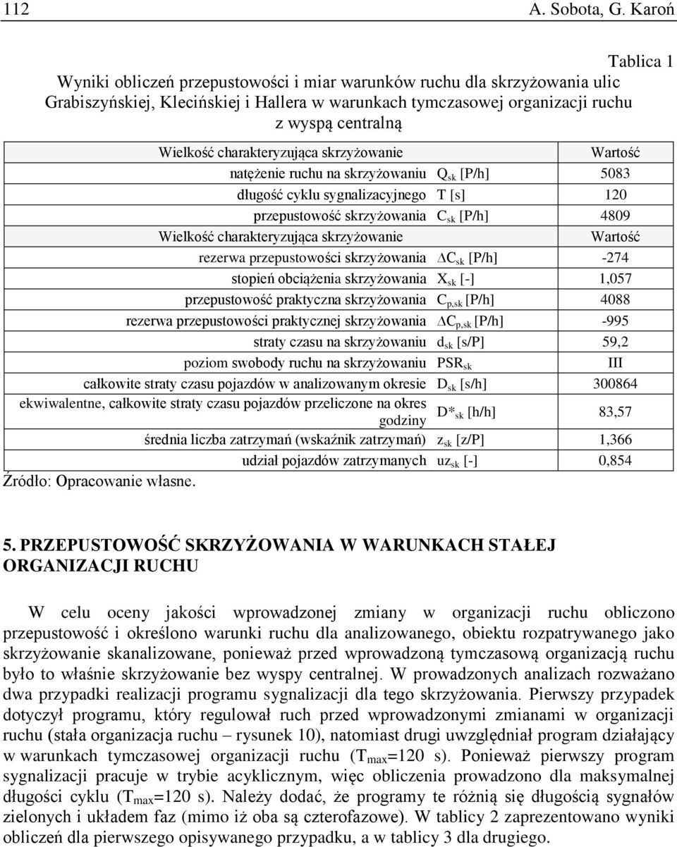 charakteryzująca skrzyżowanie Wartość natężenie ruchu na skrzyżowaniu Q sk [P/h] 5083 długość cyklu sygnalizacyjnego T [s] 120 przepustowość skrzyżowania C sk [P/h] 4809 Wielkość charakteryzująca