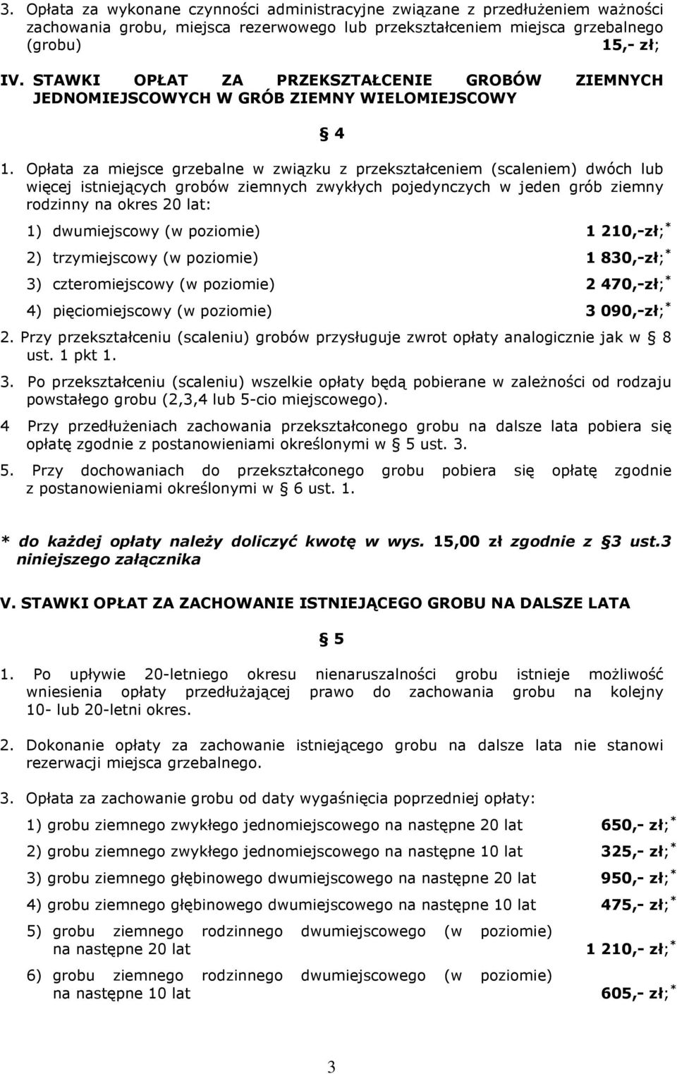 Opłata za miejsce grzebalne w związku z przekształceniem (scaleniem) dwóch lub więcej istniejących grobów ziemnych zwykłych pojedynczych w jeden grób ziemny rodzinny na okres 20 lat: 1) dwumiejscowy