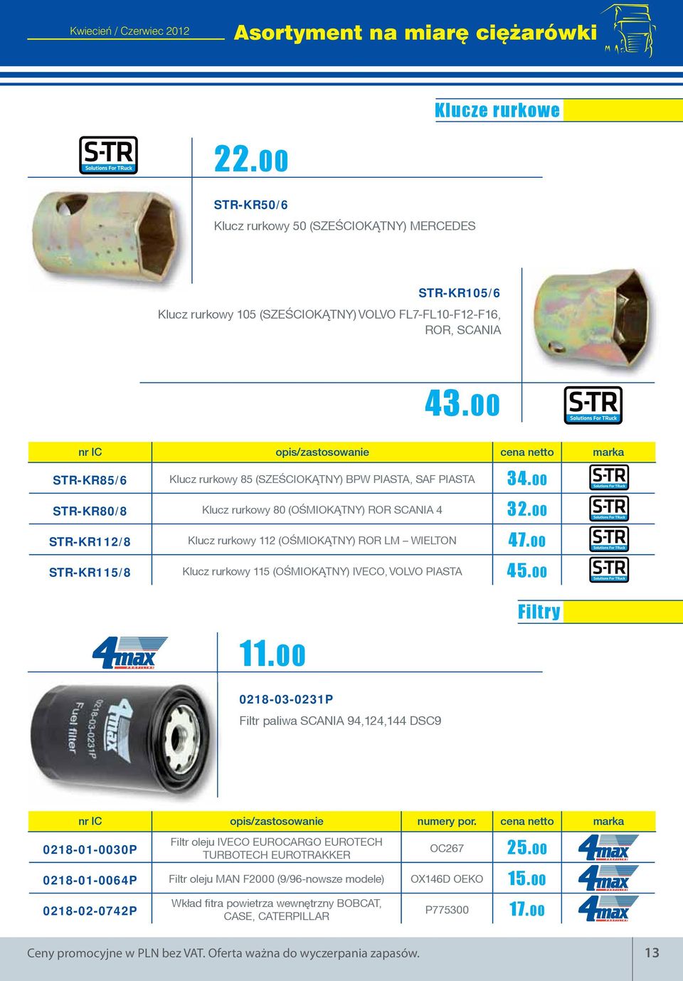 00 nr IC opis/zastosowanie cena netto marka STR-KR85/6 Klucz rurkowy 85 (SZEŚCIOK TNY) BPW PIASTA, SAF PIASTA 34.00 STR-KR80/8 Klucz rurkowy 80 (OŚMIOK TNY) ROR SCANIA 4 32.