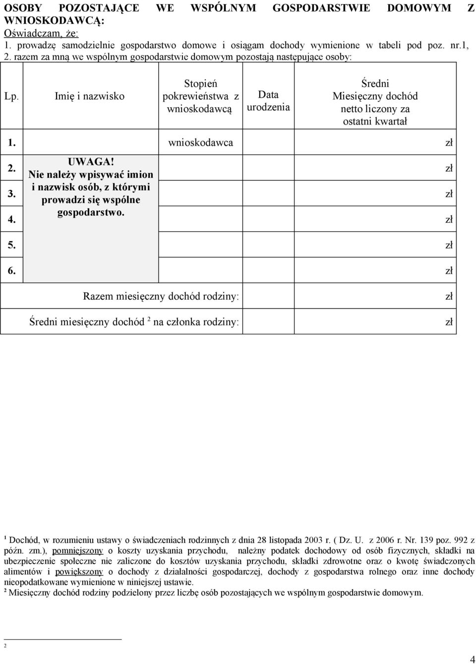 Imię i nazwisko Stopień pokrewieństwa z wnioskodawcą Data urodzenia Średni Miesięczny dochód netto liczony za ostatni kwartał 1. wnioskodawca. UWAGA! Nie należy wpisywać imion 3.