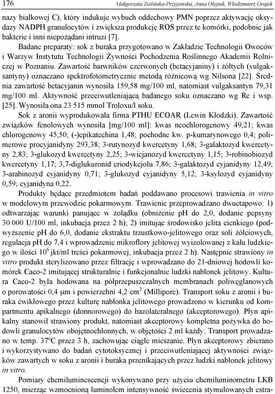 Badane preparaty: sok z buraka przygotowano w Zakładzie Technologii Owoców i Warzyw Instytutu Technologii Żywności Pochodzenia Roślinnego Akademii Rolniczej w Poznaniu.