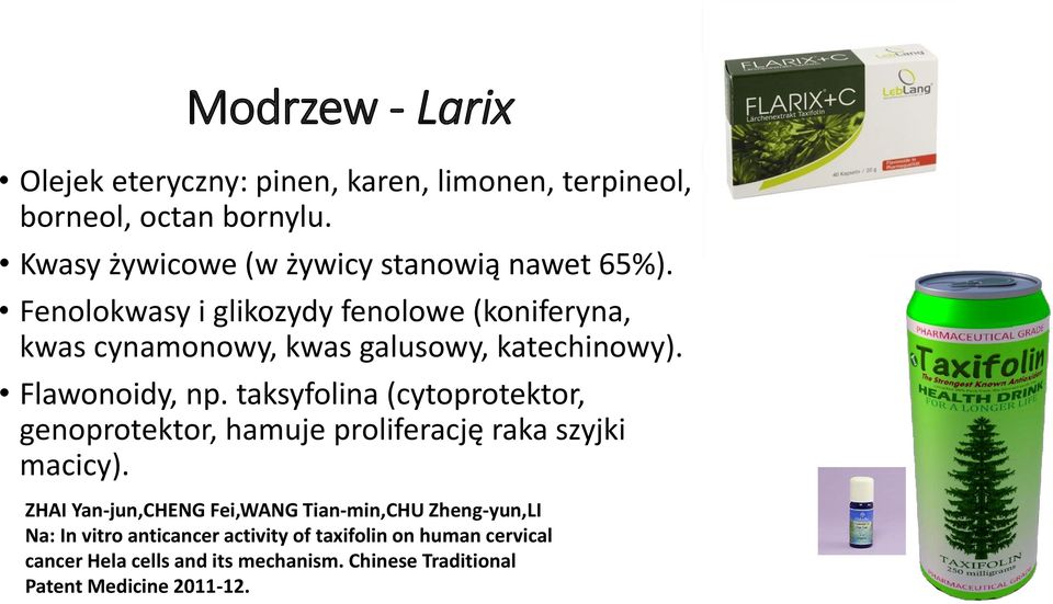 Fenolokwasy i glikozydy fenolowe (koniferyna, kwas cynamonowy, kwas galusowy, katechinowy). Flawonoidy, np.