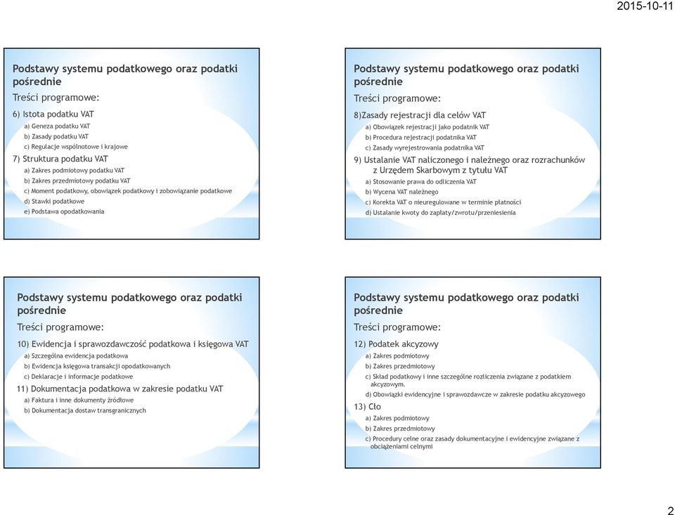 podatkowego oraz podatki pośrednie Treści programowe: 8)Zasady rejestracji dla celów VAT a) Obowiązek rejestracji jako podatnik VAT b) Procedura rejestracji podatnika VAT c) Zasady wyrejestrowania