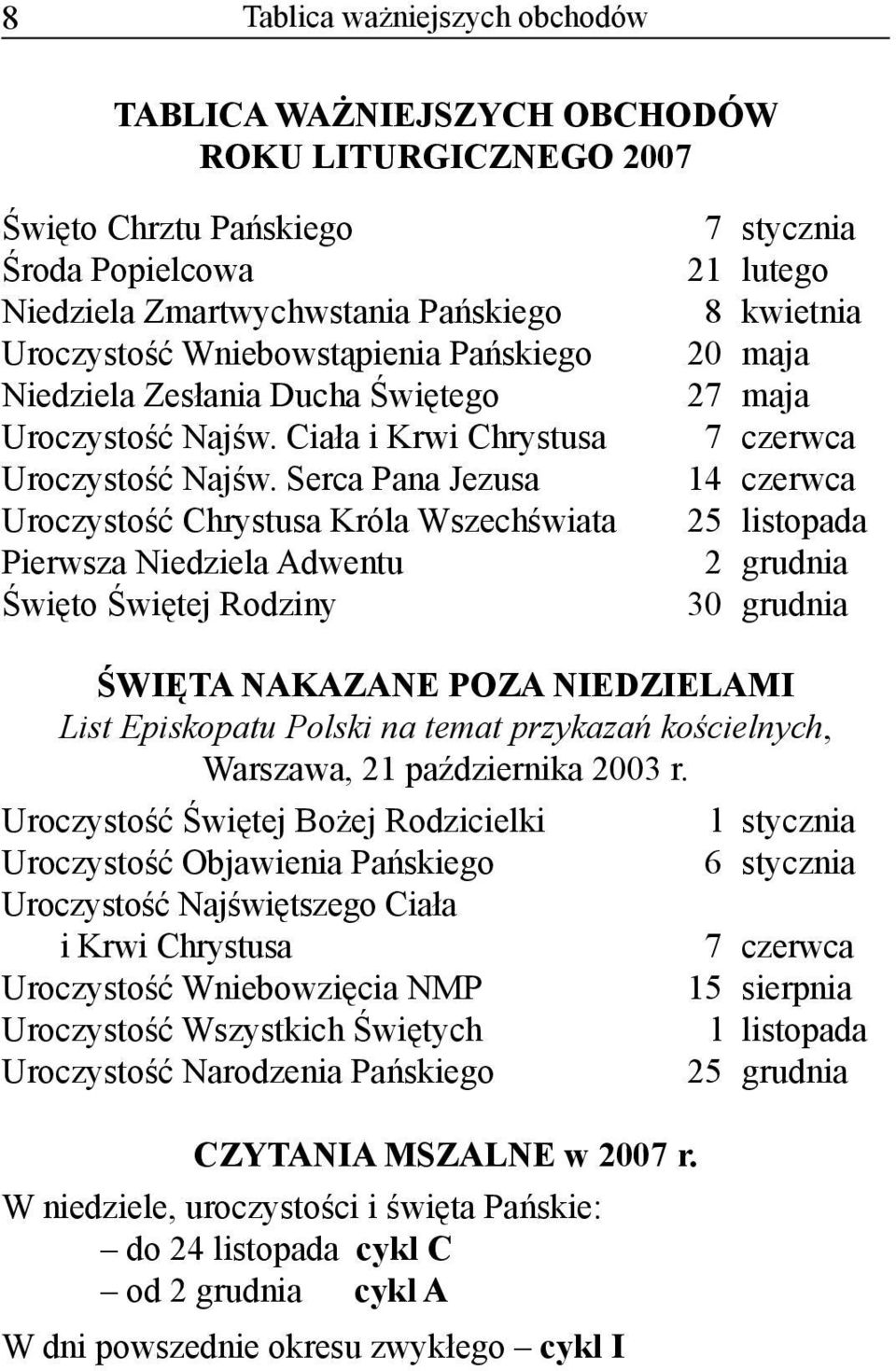 Serca Pana Jezusa Uroczystość Chrystusa Króla Wszechświata Pierwsza Niedziela Adwentu Święto Świętej Rodziny 7 stycznia 21 lutego 8 kwietnia 20 maja 27 maja 7 czerwca 14 czerwca 25 listopada 2