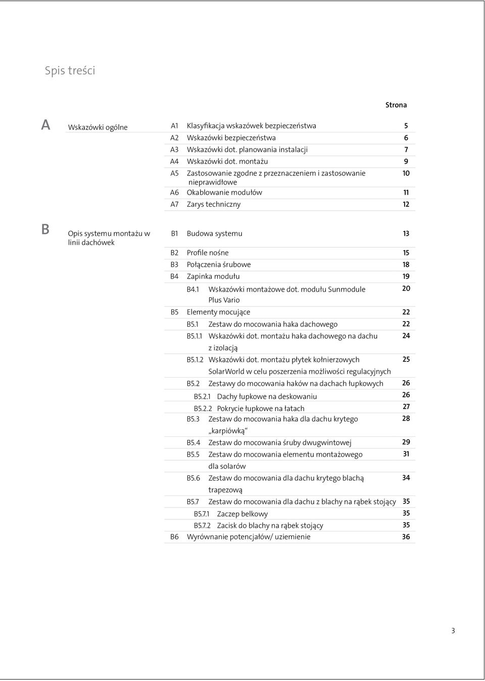 Profile nośne 15 B3 Połączenia śrubowe 18 B4 Zapinka modułu 19 B4.1 Wskazówki montażowe dot. modułu Sunmodule 20 Plus Vario B5 Elementy mocujące 22 B5.1 Zestaw do mocowania haka dachowego B5.1.1 Wskazówki dot.